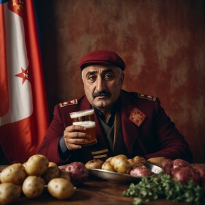 Armenian man with pint Guinness and potatoes and flag Belorussia...