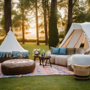 Glamping birthday party with an inflatable outdoor movie screen...