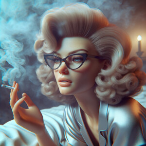 Woman with big 1950s hair and cat eye glasses, smoking a cigarette in bed.