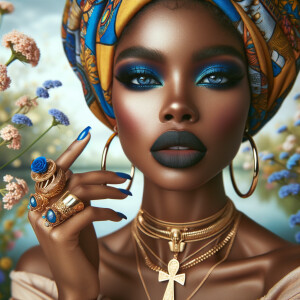 Create an image of an african-American, graceful woman , striking blue eyeshadow, and full lips. She wears large, golden hoop earrings and multiple necklaces, one with a prominent ankh pendant. Her hair is hidden beneath a vibrant, patterned head wrap in shades of blue, yellow, and orange. Her nails are painted dark blue, complementing her eyeshadow, and her fingers are adorned with a large, ornate gold ring. She poses elegantly against a background filled with soft pastel flowers, highlight her beauty