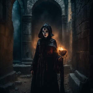 A sinister female grim reaper clown, with grotesque makeup and t...