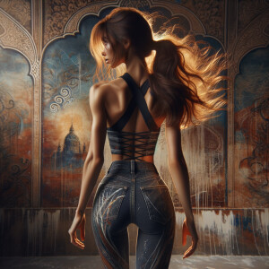 Athletic Thin skinny Attractive, Asian teenage girl, long brown hair and bangs, wearing tight skinny jeans and a halter top paint marks on her clothing, heroic pose Asian graffiti background, backside view