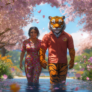 A muscular anthropomorphic male tiger in a tight cherry-red shor...