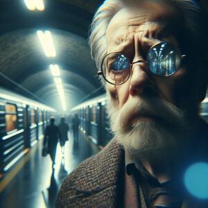 Sad old man with circul glasses with cool reflections, he stand...
