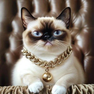 rapper grumpy cat siamese on a throne grumpy face in a chain gol...