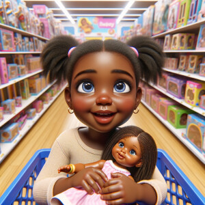 Create a 3-D image of an african-American, little girl inside of a very large toy store. The little girl has thick, ponytails and huge blue eyes. She is playing with her favorite doll, the doll is