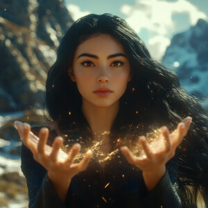 A half Mexican alien woman with long, flowing black wavy hair an...