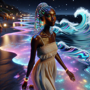 3D image of a beautiful night at the beach. There are elements i...