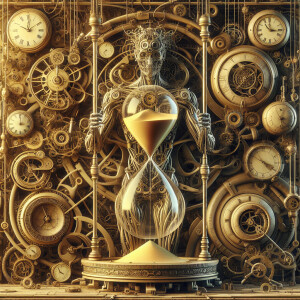 industrial style, in the middle a merged fusion of a humanoid-cl...
