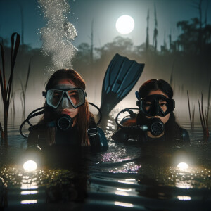 Two girls with scuba gear swam out of the swamp at night