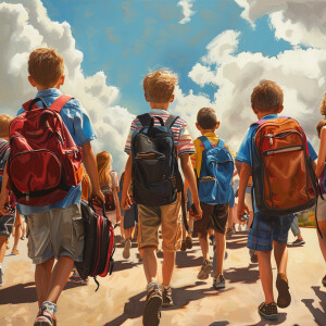Create a realistic picture of kids going back to school