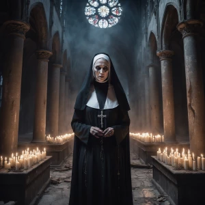 **"A terrifying nun with hollow, glowing white eyes standing in...
