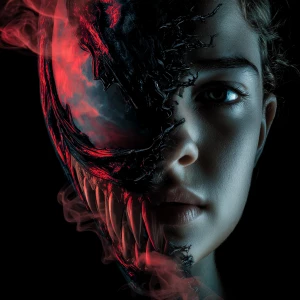 Make a portrait of the person, leaving half of the face intact,...