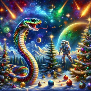 Create an image of a snake in a magical winter forest, surrounde...