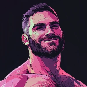White muscular thin man with beard, big chin, smile and cheekbon...