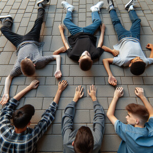 6 white male young teens, laying "face down" on the ground on a...