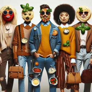 Create an image of individuals whose faces mimic spaghetti and m...