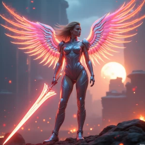 A futuristic and visually striking digital artwork with "Flux Dev" A hyper-detailed woman with a regal, armored bodysuit, radiant cybernetic wings, and a glowing energy sword, set against a cosmic battlefield.