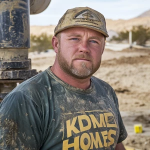 Brian Nobles a real 35 year old Caucasian male who is using  a concrete mixer, he is a  pump operator holding the hose which carries the liquid concrete to the foundation pour, Brian is slowly  beginning his transition into middle age, Brian Nobles is beginning to look like a middle aged man, he has large reflective blue eyes and a wrinkled brow,Brian is greying balding , prominent large protruding round fat obese belly,,thick greying goatee beard,decreased muscle mass ,very noticeable male pattern balding hairline, Brian Nobles now has a  prominent receding and thinning male hairline (onset male pattern baldness), slightly fat overweight(Caucasian)wearing tight body conforming  glossy satin shiny green and gold tight fitting body conforming UnderArmour athletic bodysuit,emblazoned with the "KD HOMES" real estate logo, standing confidently in front of a newly completed constructed new KD HOME in Victorville California in a raw desert landscape. Brian has a protruding fat obese muscular physique, large male bulge, fat obese muscular frame , shows a substantial frame with a noticeable mature hairline and expressive eyes. His workman’s  pose should reflect his experience in his trade.