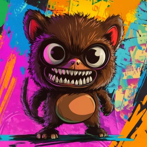 Stylized character portrait of a mischievous designer toy creat...