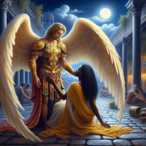 Create an oil painting image featuring a male angel and a grievi...