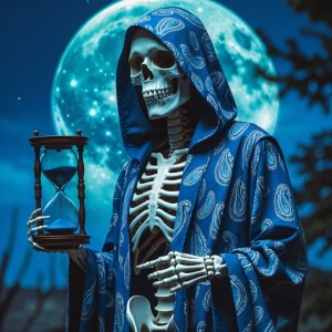 Generate an image of a skeleton wearing a blue paisley print hoo...
