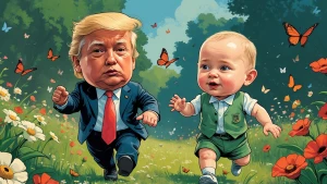 baby Trump and baby Putin in children roles, running through a f...