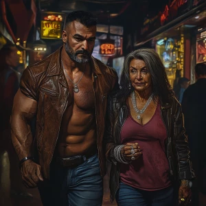 Photorealism,fantasy,a bodybuilder man ,walking with his 50 year...
