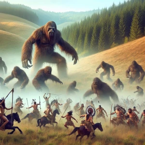 A large group of monstrous humanoid looking sasquatch fighting a...