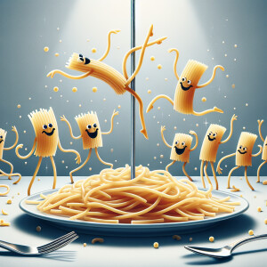 Visualize a whimsical scene where spaghetti noodles are graceful...