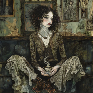 A captivating grunge-style illustration of a fashion model seate...