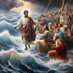 African-American Jesus telling Peter to come walk on the water,...