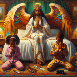 An oil painting of two African-American children with dark skin,...