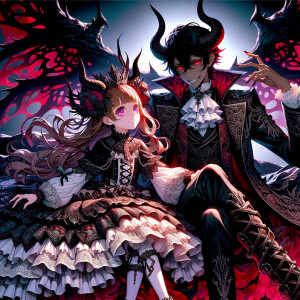 A girl named lilith with elegant gothic lolita dress sit on the lap of Handsome Lucifer with Black Horn, Msyterious Aura of Black and red, Lilith and Lucifer evil smirks, glowing eyes, 3D, High Res