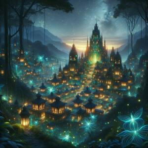 A mysterious lost city in the jungle, illuminated by bioluminesc...