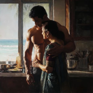 Hyperrealism painting.a muscular sweaty indian man standing be...