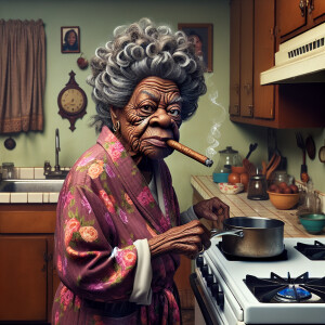 Prompt: A whimsical African American realistic grumpy elder lady...