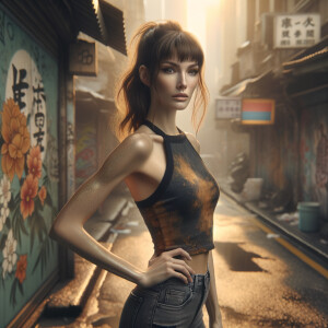 Athletic Thin skinny Attractive, Asian teenage girl, long brown hair and bangs, wearing tight skinny jeans and a halter top paint marks on her clothing, heroic pose Asian graffiti background, backside view