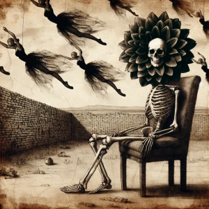 A skeleton with a large black dahlia for a head is sitting on an...
