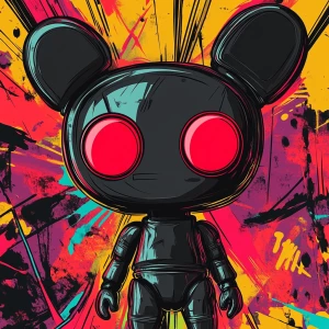 Labubu toy with red lasers from eyes eyes, blank stare, in the s...