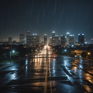 A nighttime view of Los Angeles right after a heavy rain, showca...