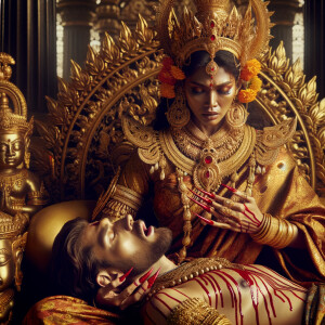 portrait of intense looking indian goddess sitting on a gold cr...