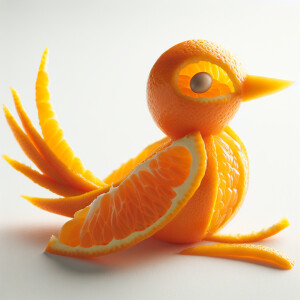 prompt: Close-up photography of a whimsical little bird made of...