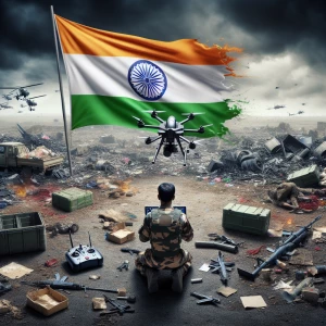 A soldier in military attire remotely piloting a combat drone on...