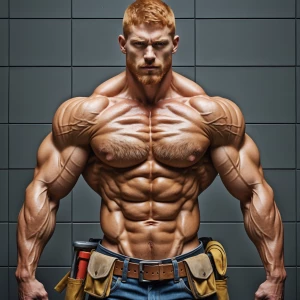 Generate an image of a muscular, athletic construction worker wi...