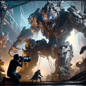 A cyborg battling a giant monster in a post-apocalyptic world 8k...
