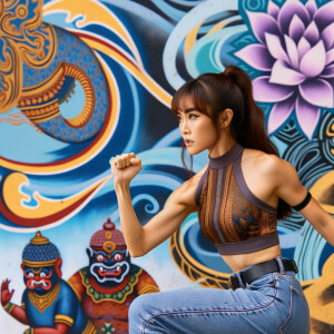 Very thin Athletic Thin skinny Attractive, Asian teenage girl, long brown hair and bangs, wearing tight skinny jeans and a halter top paint marks on her clothing, heroic sideways pose Asian graffiti background