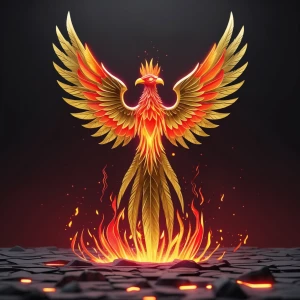 Center a radiant, futuristic phoenix rising from glowing embers...