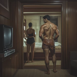 Photorealism,A muscular, perspiring man steps into a luxurious N...