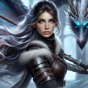 A beautiful huntress from the “Monster Hunter” series with dark...